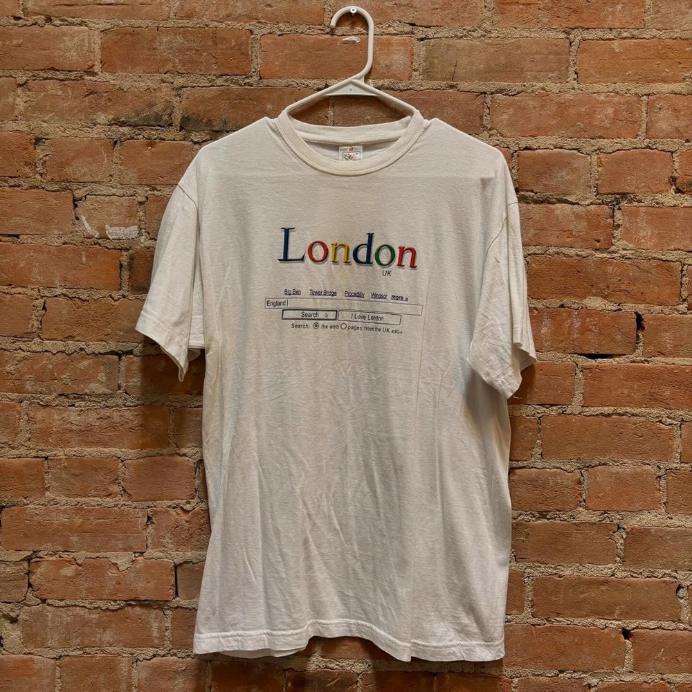 $50 early 2000s London google parody white and multi-coloured t-shirt